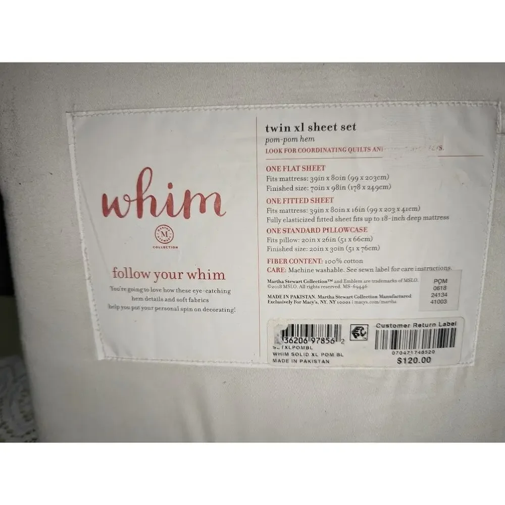 Whim by Martha Stewart TWIN XL Sheet Set Solid Hem WHITE/POM BLUE D9Z107